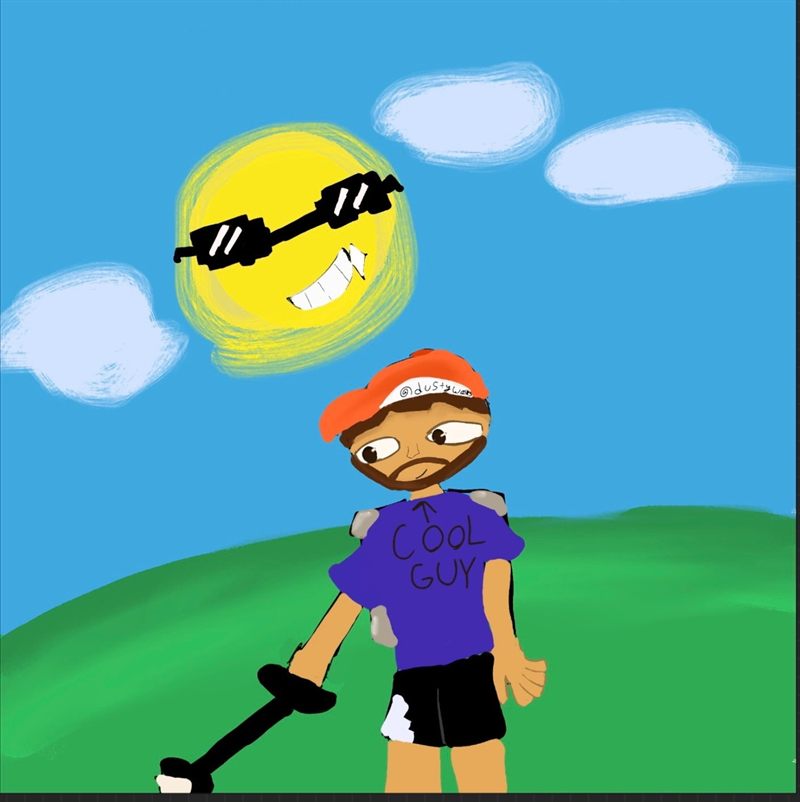 The Dustywalks77 drawing: Dusty in an orange cap and a purple COOL GUY shirt, holding a trash grabber on a green hill under a smiling sun wearing black sunglasses.